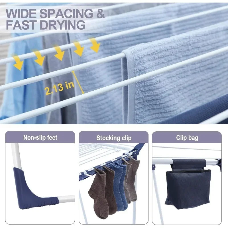 Clothes Drying Rack, Foldable Laundry Rack with Sock Clips, Indoor/Outdoor for Towels, Clothes, Dress
